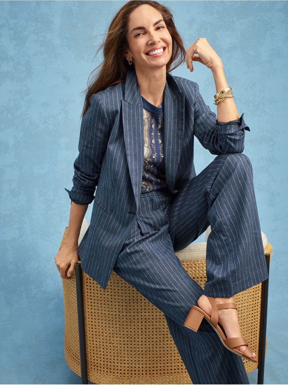 Talbots Navy Pinstripe Pant Suit 6 Wool Stretch Y2K Career Modern Sophistication